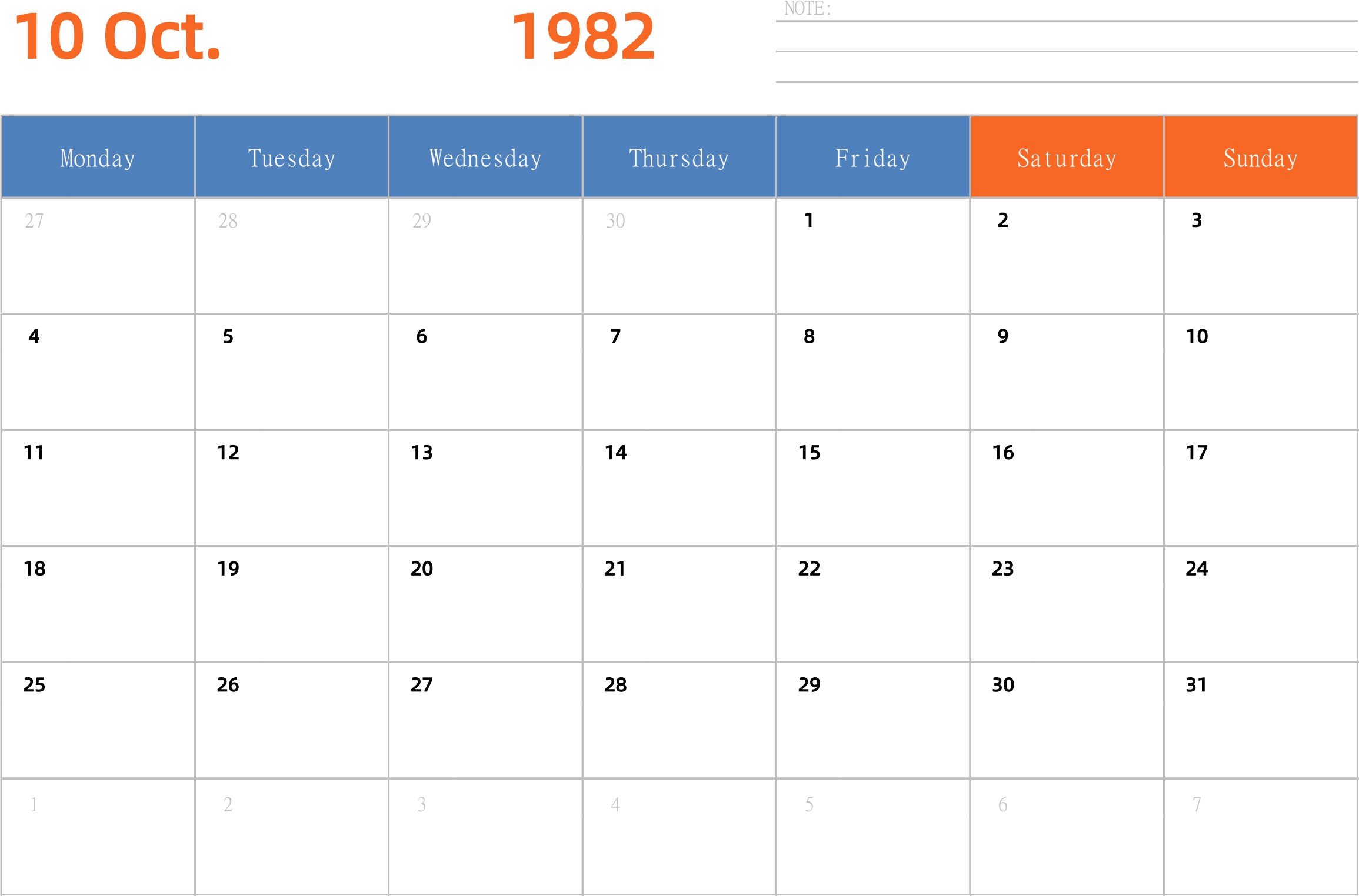 日历表1982年日历 英文版 横向排版 周一开始